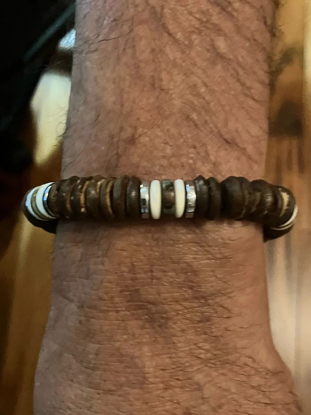 Men's Bracelet Wood (7 in a row), Gemstones, Hematite + stone beads